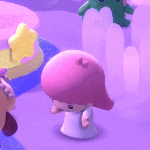 a cartoon character with pink hair and a white dress is standing on a purple surface .