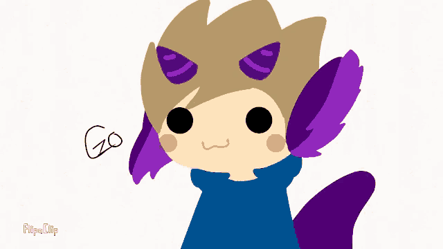 a drawing of a person with horns and purple wings has the word go written on the bottom