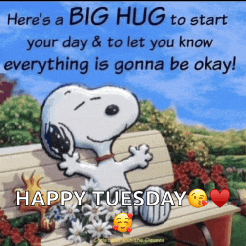 a picture of snoopy sitting on a bench with the words happy tuesday below him