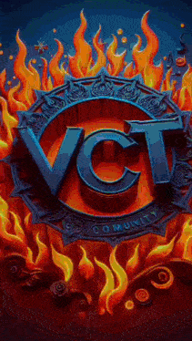 a logo for vct community is surrounded by fire