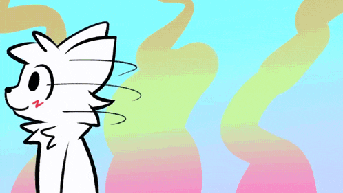 a cartoon drawing of a cat with a rainbow background