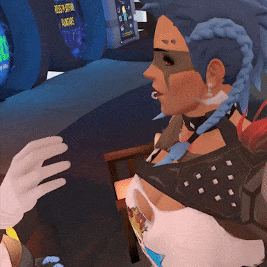 a woman in a video game with a screen behind her that says roses florist