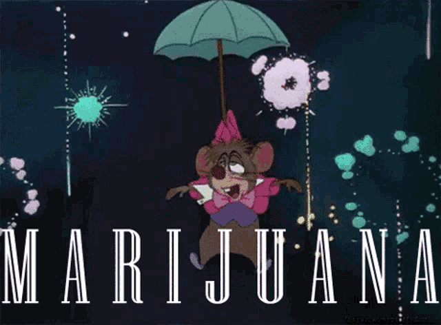 a cartoon of a mouse holding an umbrella with the word marijuana written below it