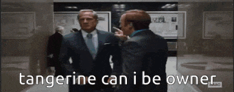 two men in suits standing next to each other with the words tangerine can i be owner written on the screen