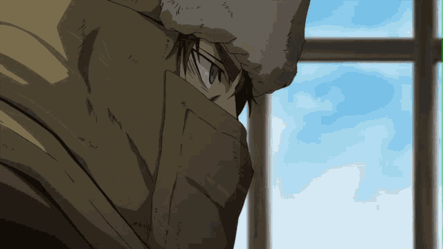 a drawing of a person covering their face with a jacket