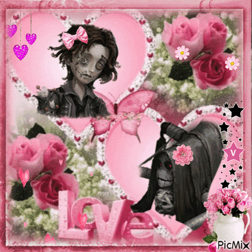 a picture of a girl surrounded by pink roses and butterflies with the word love on the bottom