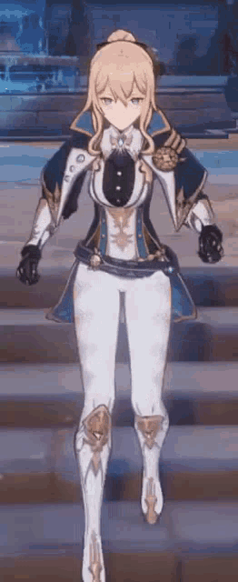 a girl in a knight 's outfit is standing on a set of stairs .