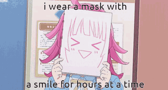 a girl with pink hair is wearing a mask with a smile for hours at a time written on it