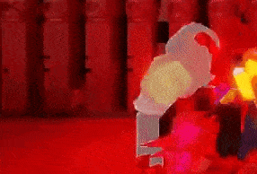 a cartoon character is holding a sword in a room with a lot of columns .