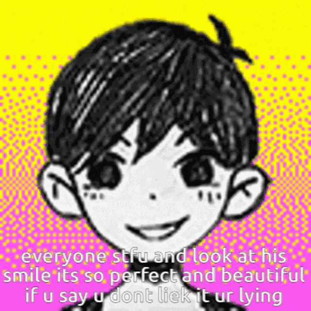 a black and white drawing of a boy smiling with a caption that says everyone stfu and look at his smile its so perfect and beautiful