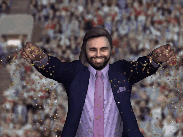 a man in a suit and tie is celebrating with confetti falling around him