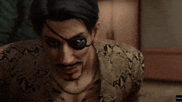 a man with a eye patch on his eye is holding a sword and says genau auf diese gelegenheit