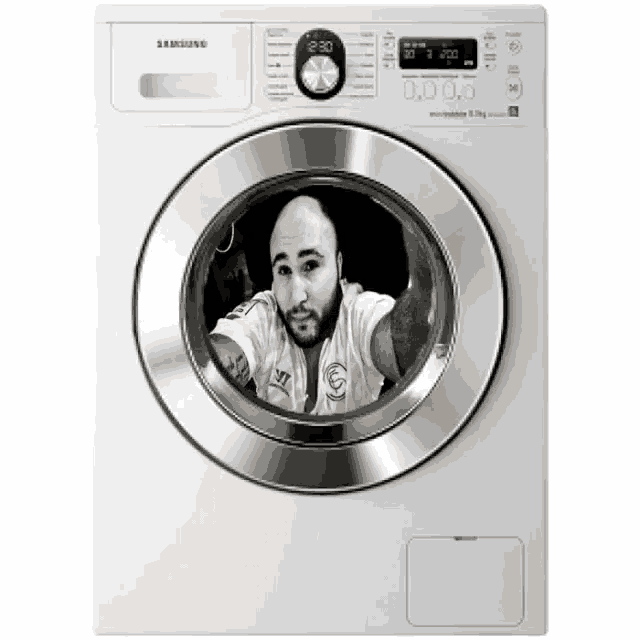 a samsung washing machine has a picture of a man in the door