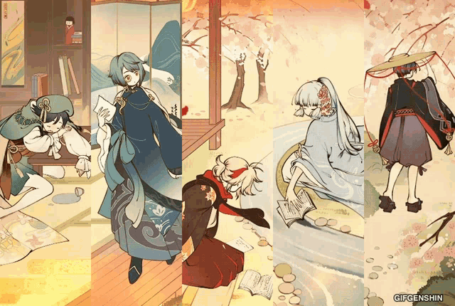 a collage of four images with gifgenshin on the bottom right