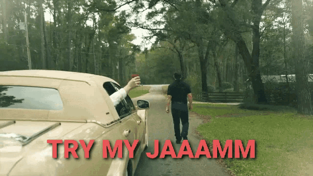 a man standing next to a limousine that says try my jaaamm on it
