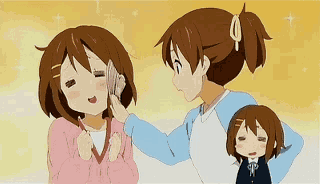 two anime girls are standing next to each other and one is putting something on another 's ear