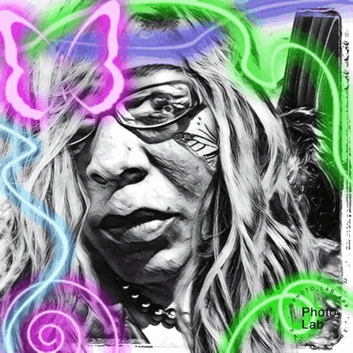 a drawing of a woman with glasses and a butterfly on her face