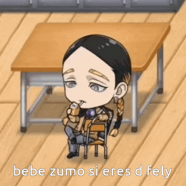 a cartoon character is sitting at a desk drinking from a cup .