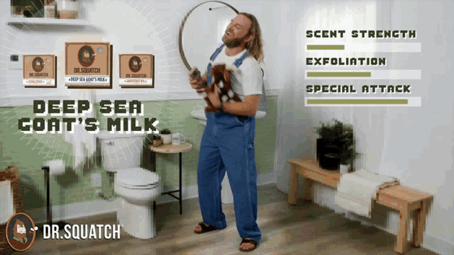 a man in overalls is holding a fishing rod in a bathroom with the words deep sea coat 's milk behind him