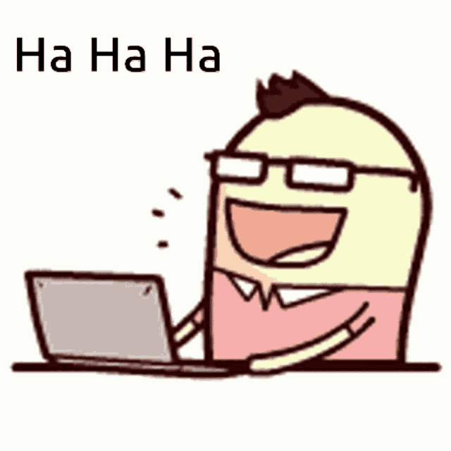 a cartoon of a man laughing while using a laptop computer