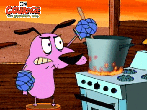 a cartoon of courage the cowardly dog standing next to a pot on a stove