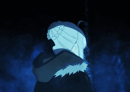 a girl with white hair is standing in a dark room with a blue background