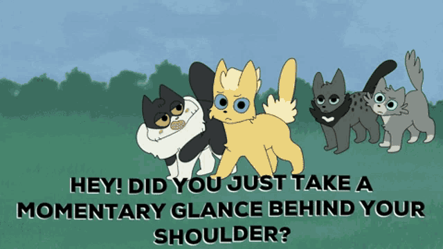 a cartoon of four cats with the words hey did you just take a momentary glance behind your shoulder on the bottom