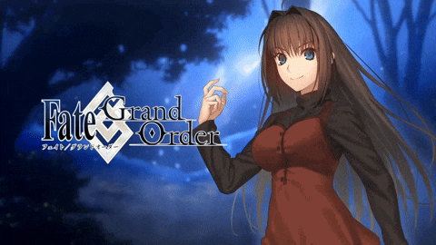 a fate grand order poster with a girl in a red dress