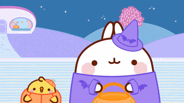 a cartoon of a rabbit wearing a witch hat and a pumpkin