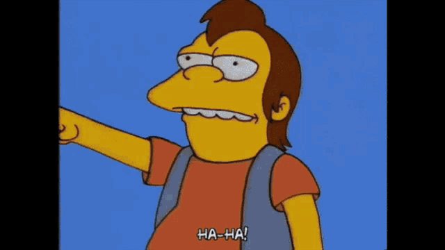 simpsons cartoon character pointing at a building with the word simp written above him