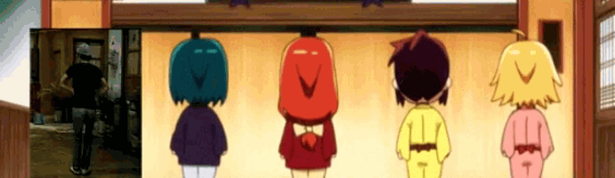 a group of anime characters are standing in a line