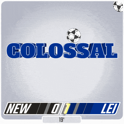 a blue and white colossal logo with a soccer ball on top