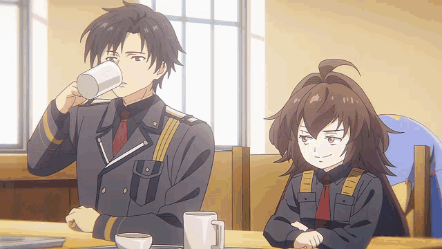 a man is drinking from a cup while a girl sits next to him