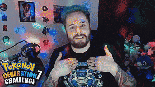 a man wearing a pokemon generation 7 challenge shirt