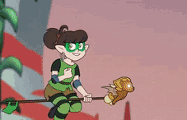 a cartoon girl is sitting on a broom with a stuffed animal on it .