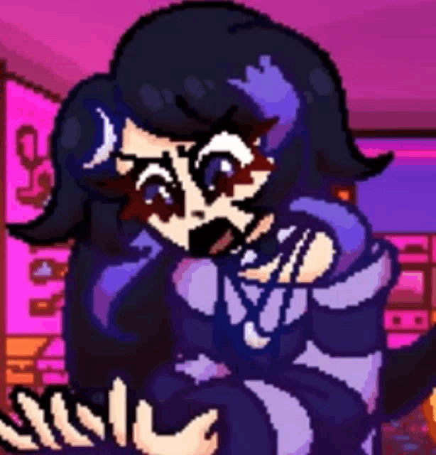 a pixel art of a girl with long black hair and a purple shirt .