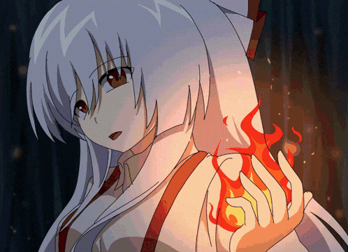 a girl with long white hair and red eyes holds a fire in her hand