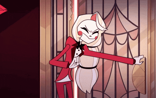 a cartoon character in a red and white suit is standing in a doorway
