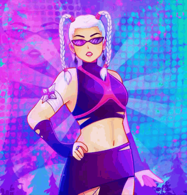 a drawing of a girl wearing sunglasses and a crop top