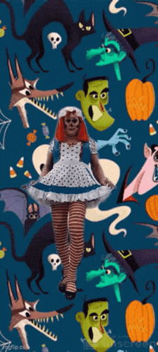 a woman in a halloween costume is surrounded by cartoon characters
