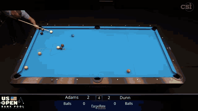 a pool table with a blue cloth that says usa open bank pool championship on it