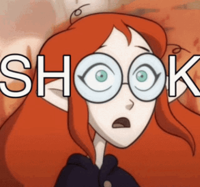 a cartoon character with red hair and glasses has the word shook above her head