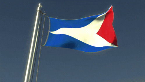 a blue white and red flag is waving in the wind against a blue sky