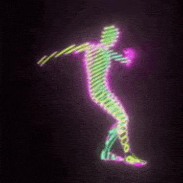 a neon silhouette of a person dancing on a dark background .