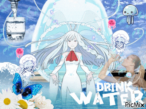 a picture of a girl and jellyfish with the words drink water on the bottom