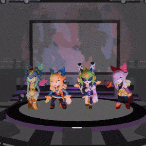 a group of cartoon characters standing on a stage in front of a screen
