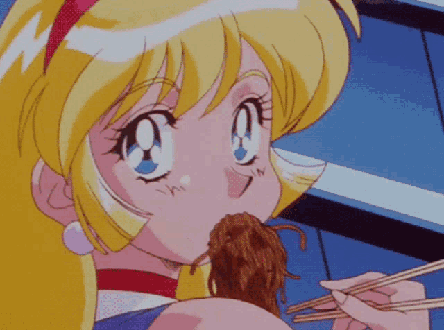 a girl with blonde hair and blue eyes is eating noodles using chopsticks