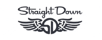 the logo for straight down is black and white with wings .