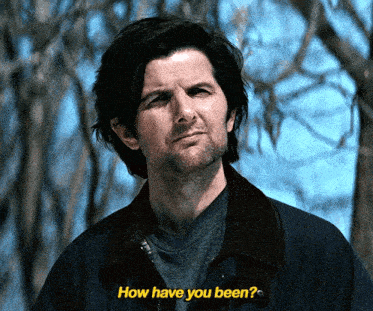 a man in a black jacket says how have you been in yellow letters
