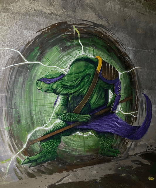a painting of a teenage mutant ninja turtle with a purple robe and a sword